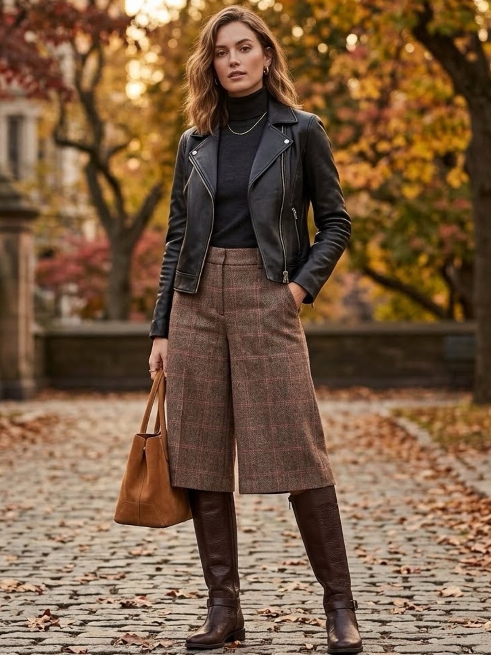 Bossini Brown Plaid Wool Blend Culottes Wide Leg Capris - Size XL